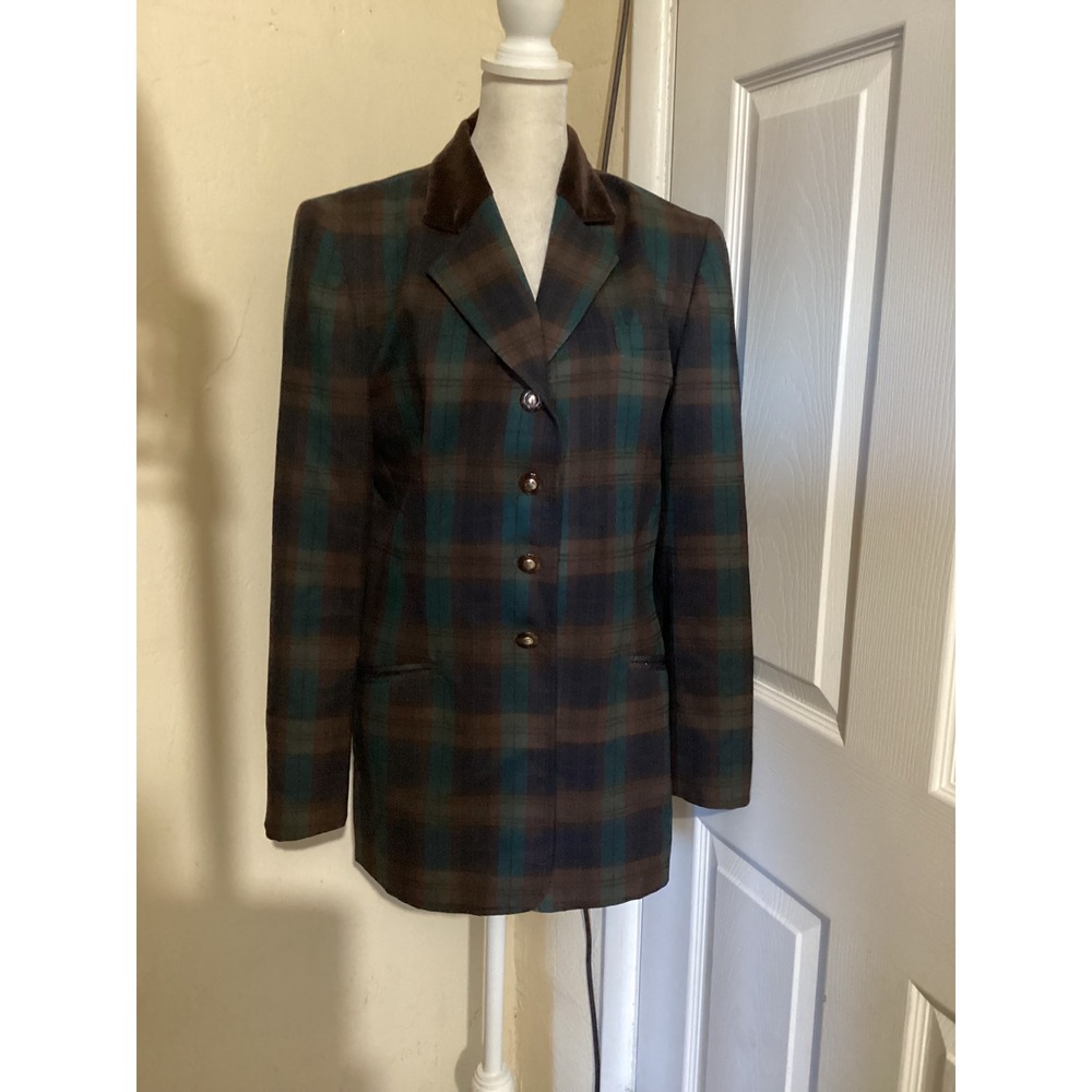 Pendleton Vintage Wool Plaid Blazer Jacket Velvet Collar Green Brown Size 8
